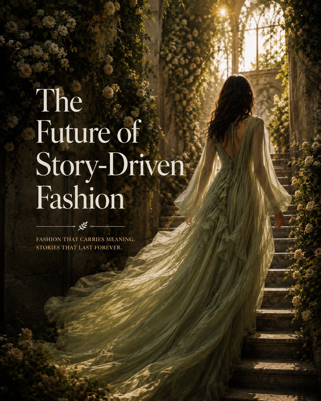 A faceless woman wearing a soft blush-pink flowing dress walks through an elegant stone corridor toward warm natural light, symbolizing Story-Driven Fashion, emotional luxury, identity, and the future of meaningful fashion.